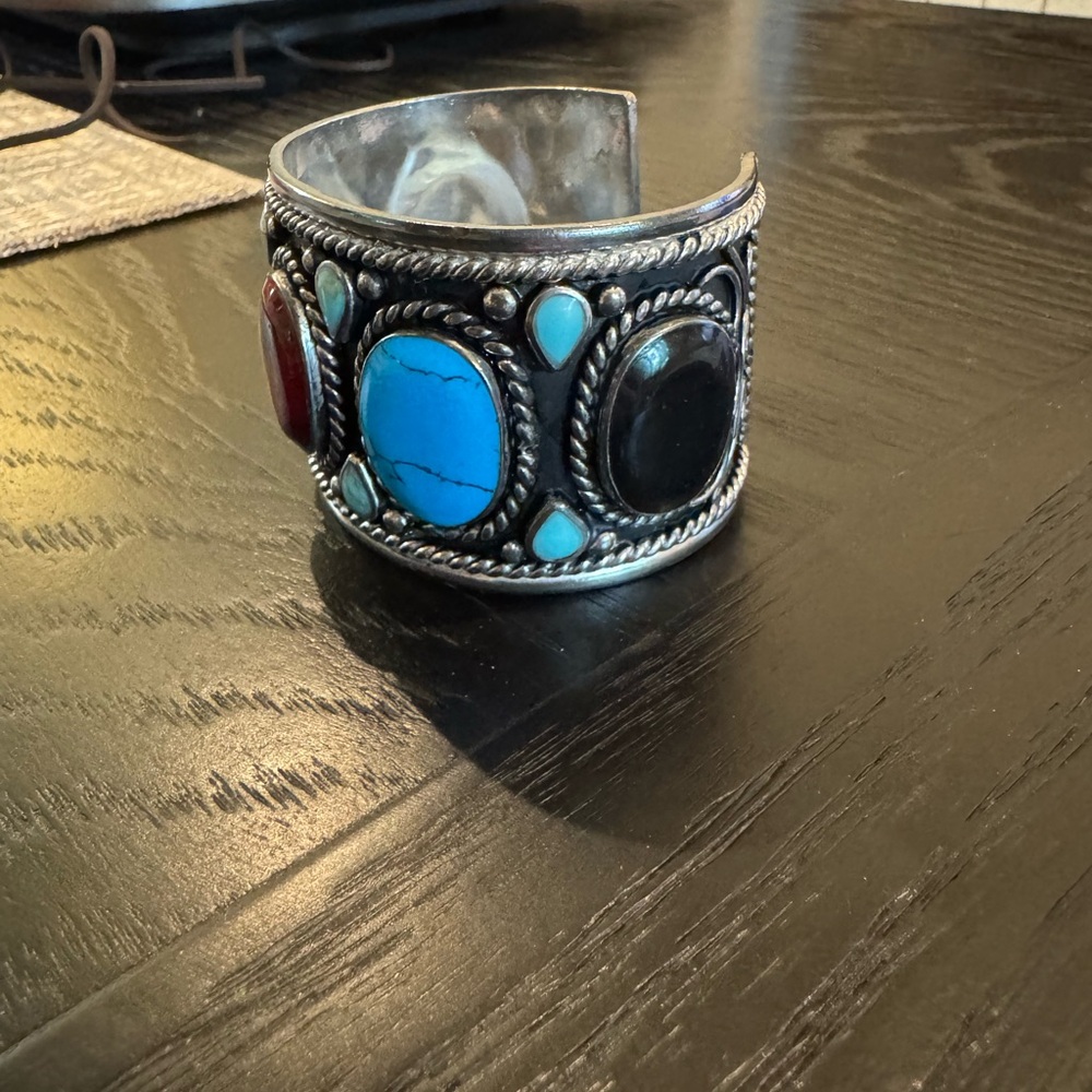 Vtg Handcrafted Multistone Silver Cuff Bracelet - Turquoise, Coral, Lapiz - Picture 4 of 6